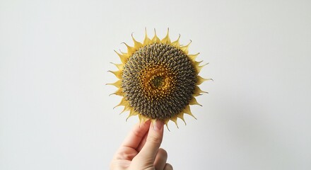 Girasole secco delicato mostra semi maturi luce morbida sfondo neutro. AI Generated
