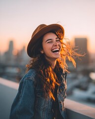 Joyful woman laughing at sunset urban rooftop portrait photography in warm atmosphere