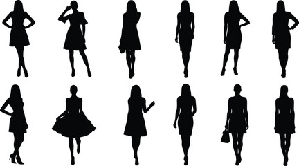 Silhouette of stylish women standing, walking, posing in dresses, fashion female figures illustration, elegance, modern lady outline, vector artwork