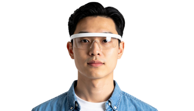 An Asian Man Wearing Futuristic Smart Glasses, Gazing Directly at the Camera