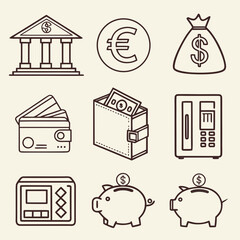 &ldquo;Minimal outline finance icons &mdash; bank building, dollar sign, euro, yen, wallet, credit card, ATM, safe, piggy bank, money bag &mdash; thin stroke vector.&rdquo;