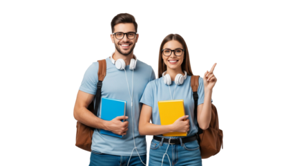 students with books and pointing hand