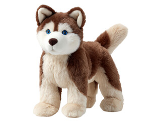 Obraz premium Plush husky dog with blue eyes brown and white fur standing pose soft toy realistic stuffed animal cute and cuddly children gift isolated on transparency background