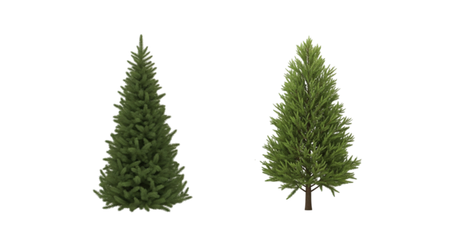 Side-by-Side Artificial Christmas Trees in Varying Shapes and Shades on White Background