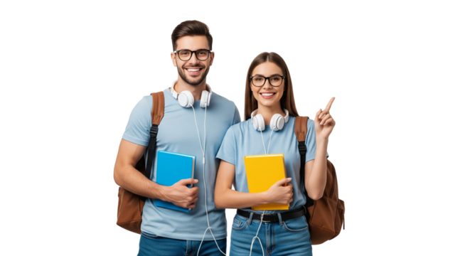 students with books and pointing hand