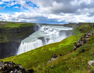 Panoramic view of a powerful waterfall cascading through a valley
