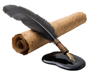 Quill pen, parchment scroll, ink blot, vintage writing tool, and old paper evoke nostalgic, creative, and historical atmosphere for literature and calligraphy art