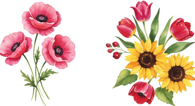 Papaveri rossi teneri tulipani gialli soleggiati acquarello floreale. AI Generated