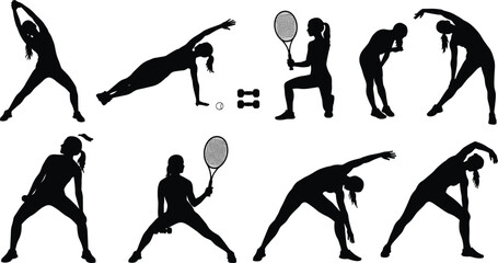 Gave me a title about this photo 'must have 20 word' for adobe stock with SEO maintain with comma 
Silhouette of woman exercising, fitness stretching, yoga workout, tennis player 