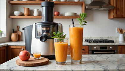 A juicer sits next to glasses filled with freshly squeezed juice on the table in kitchen.