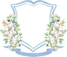 hand drawn watercolor wedding crest, a blue shield frame decorated with white flowers and green leaves, ideal for wedding invitations, logos, and elegant designs.