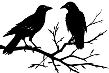 Crow on branch silhouette illustration isolated on white background