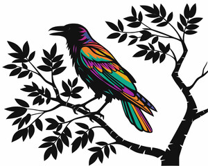 Crow on branch silhouette illustration isolated on white background