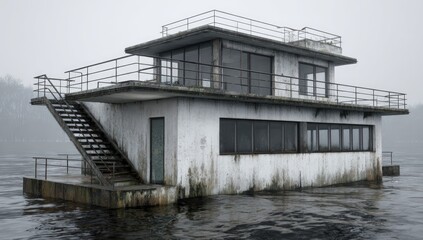 Abandoned concrete structure on a body of water.