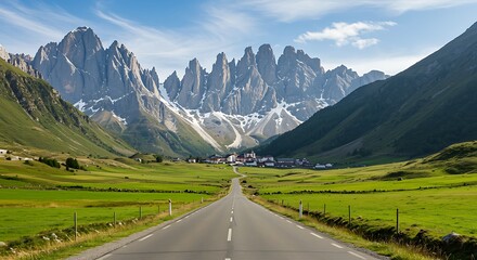 Fototapeta premium Scenic mountain valley road leading to village mountain road