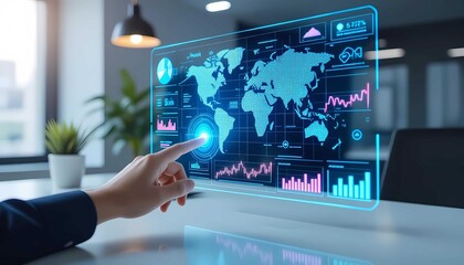 Obraz premium A close-up view of digital data visualization with a variety of graphs and charts, being interacted with by a human hand