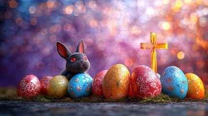 Gray Easter Bunny with Artistic Patterned Eggs and Golden Cross (Artistic Easter Poster & Event Material)