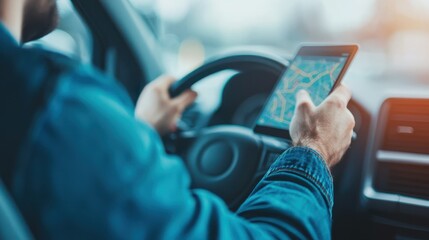 Naklejka premium A driver using a smartphone for navigation while holding the steering wheel.