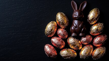 Obraz premium Dark Chocolate Easter Bunny with Golden-Red Foil Eggs on Dark Background (High-end Easter Plating & Marketing Poster Material)