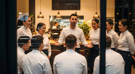 Restaurant manager briefing team before service