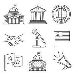 &ldquo;Minimal outline government icons &mdash; parliament building, flag, podium, microphone, voting ballot, handshake, globe, embassy, megaphone &mdash; thin stroke vector style.&rdquo;