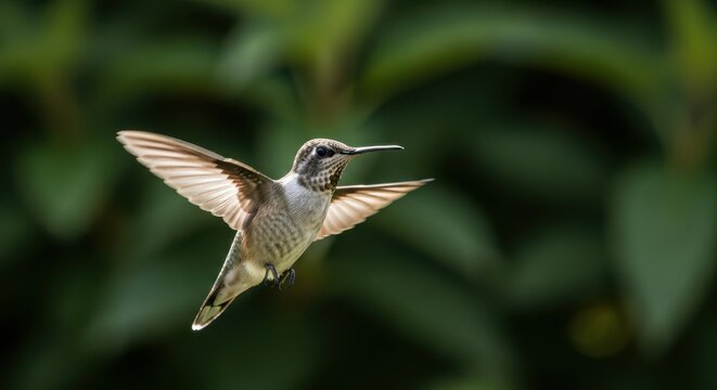 Tiny hummingbird hovers mid air with wings blurred against lush green foliage background