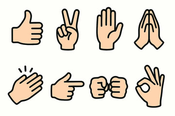 Set of Diverse Hand Gesture Icons Showing Thumbs Up Peace Sign Clapping Pointing and OK Sign in Cartoon Style