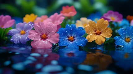 Colorful Flowers with Water Drops Floating on Water, Clear Reflections & Blurred Background Flowers