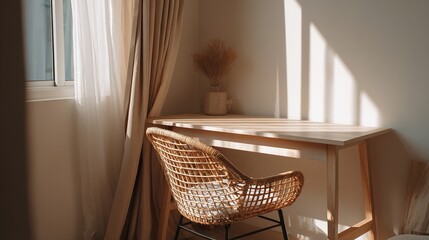 Minimalist Workspace with Wooden Desk and Woven Rattan Chair by Sunlit Window