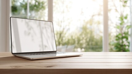 Laptop on Clean Wooden Desk with Nature View Through Large Window