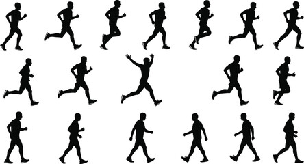 Naklejka premium Silhouettes of running men, jogging, walking, sport athlete outline, fitness activity poses, healthy lifestyle design, vector exercise illustration