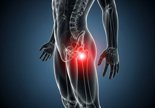 Human skeleton x-ray anatomy showing pain localized in pelvic hip groin area with highlighted musculoskeletal discomfort