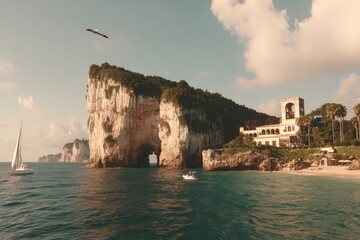 Coastal scene with craggy cliffs, archway, and villa