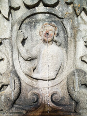 Historic religious stone fountain carving, sanctuary of bom jesus do monte, braga, portugal
