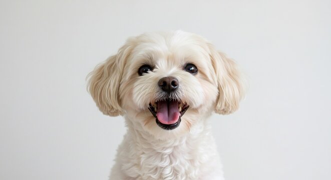 Cagnolino bianco sorride dolcemente luce morbida sfondo neutro. AI Generated