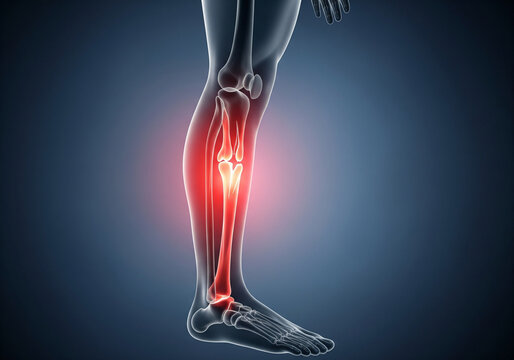 X-ray skeletal anatomy showing strong pain focus in shin and knee area of lower leg with glowing red highlight