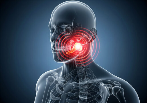 Detailed medical anatomy x-ray image showing intense red highlighted pain centered on the right jaw and cheek area of human skull