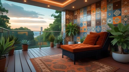 A cozy balcony lounge with orange accents, patterned wall tiles, potted plants, and a scenic green view under warm ceiling lights.