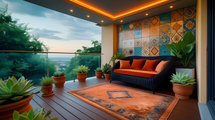 A cozy balcony lounge with orange accents, patterned wall tiles, potted plants, and a scenic green view under warm ceiling lights.