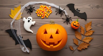 Spooky Halloween flat lay with a carved Jack o'lantern, candy corn, and decorations on a wooden background