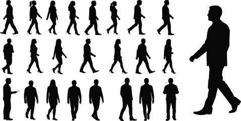 Walking people silhouette, man and woman outline, business figures walking, casual walking pose, urban lifestyle design, human character illustration