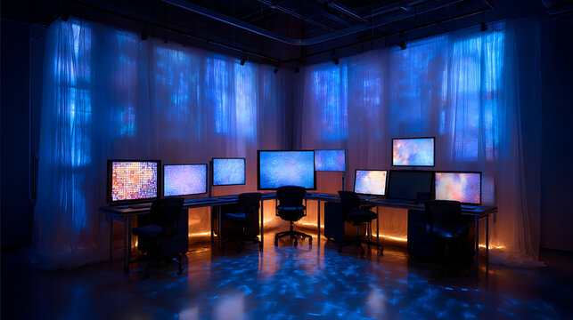 Design studio featuring generative AI tools on a multi - screen setup with holographic prompts and soft ambient light in a creative tech backdrop.