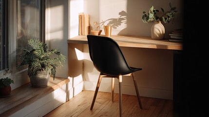 Cozy Minimalist Home Office with Black Chair, Wooden Desk, and Indoor Plants