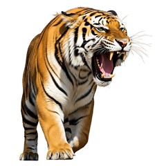 Obraz premium A magnificent tiger, roaring fiercely, strides confidently against a plain white background.
