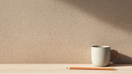 Minimalist Workspace Scene with Ceramic Mug and Pencil on Wooden Desk