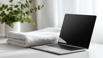 Clean Desk Setup Featuring Open Laptop, Folded Towel, and Indoor Plant Decor