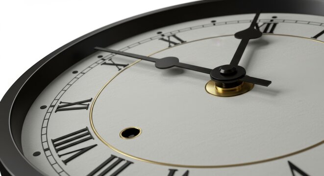 Close-up view of a classic black and white clock with Roman numerals showcasing timeless design - Powered by Adobe