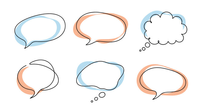 A collection of diverse hand-drawn speech bubbles with colorful accents.