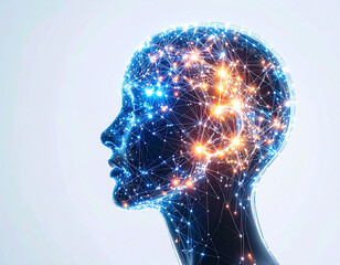 Networked brain. Abstract image of human head with illuminated network connecting parts of the brain. Artificial Intelligence.