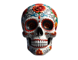 Artistic Day of the Dead Skull with Roses and Ornamental Patterns, Transparent PNG